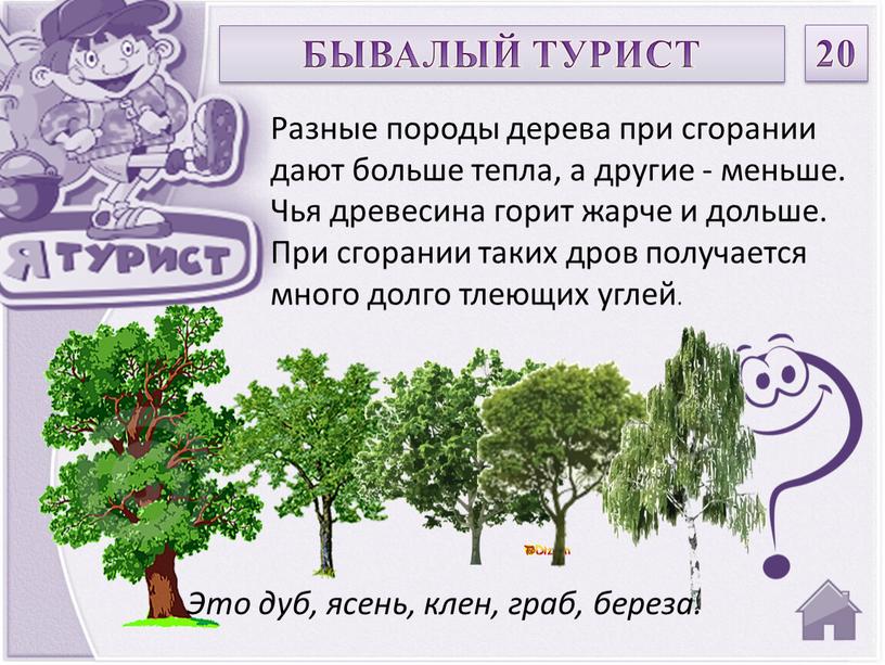 БЫВАЛЫЙ ТУРИСТ 20 Разные породы дерева при сгорании дают больше тепла, а другие - меньше