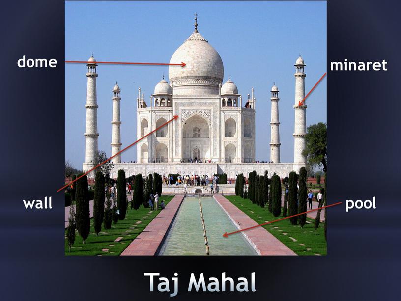 Taj Mahal dome minaret wall pool