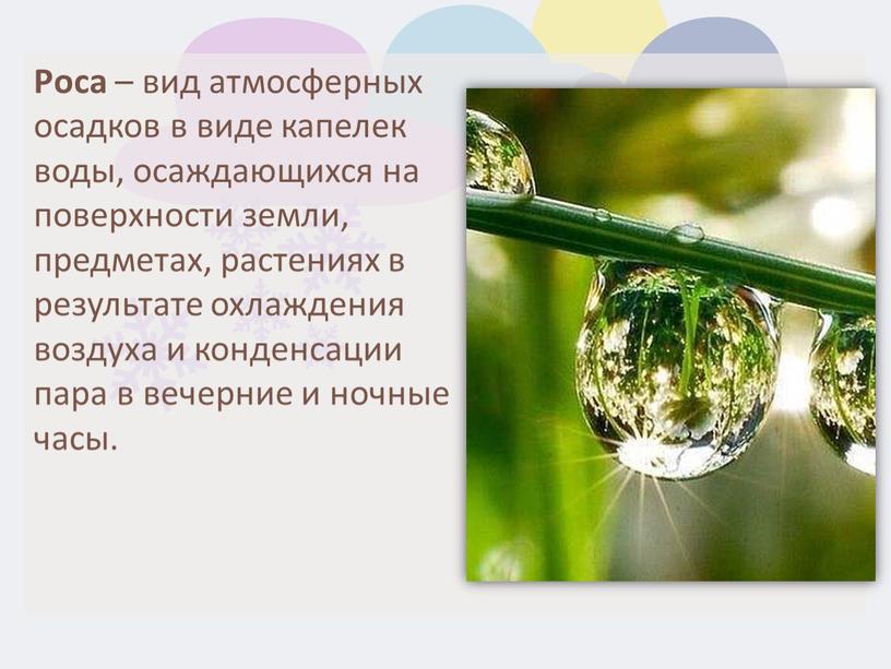 Роса – вид атмосферных осадков в виде капелек воды, осаждающихся на поверхности земли, предметах, растениях в результате охлаждения воздуха и конденсации пара в вечерние и…