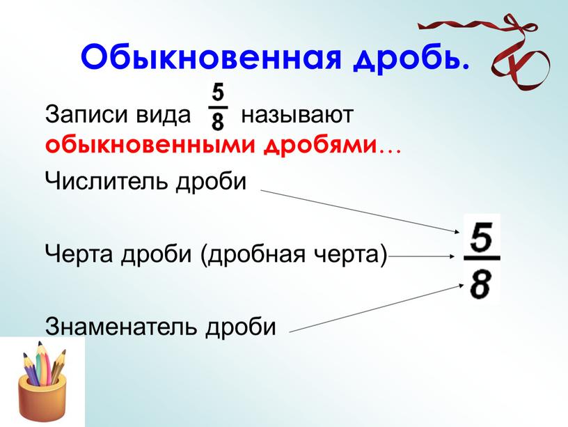 Обыкновенная дробь. Записи вида называют обыкновенными дробями …