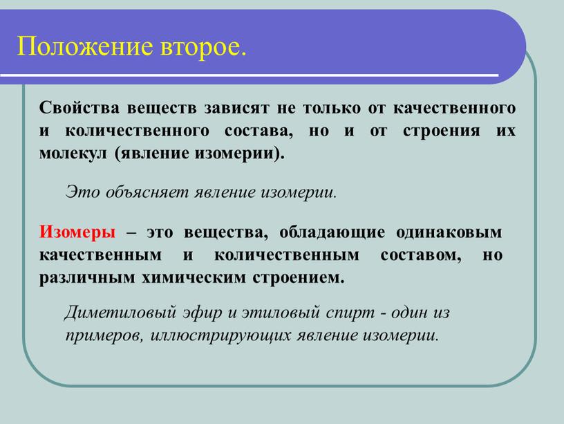 Положение второе. Свойства веществ зависят не только от качественного и количественного состава, но и от строения их молекул (явление изомерии)