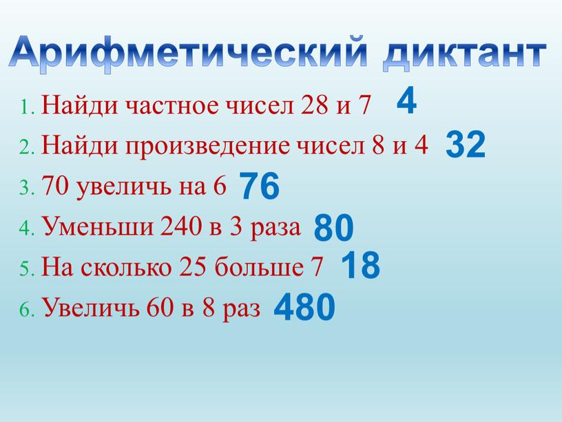 Найди частное чисел 28 и 7 2. Найди произведение чисел 8 и 4 3