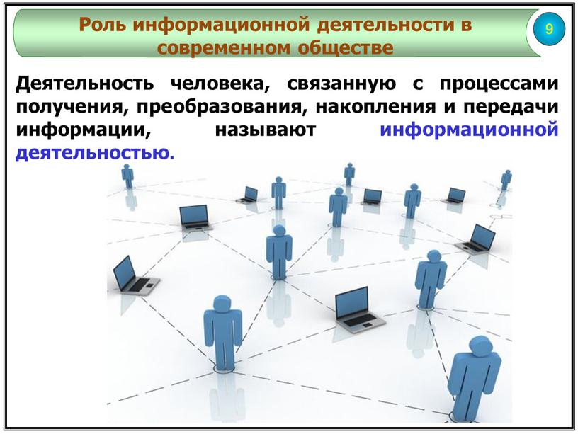 Деятельность человека, связанную с процессами получения, преобразования, накопления и передачи информации, называют информационной деятельностью
