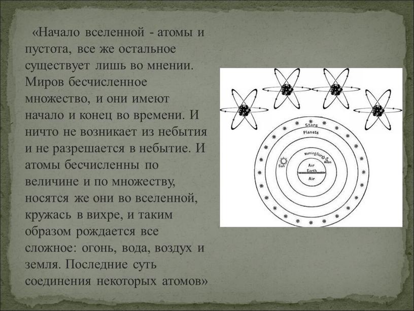 Начало вселенной - атомы и пустота, все же остальное существует лишь во мнении