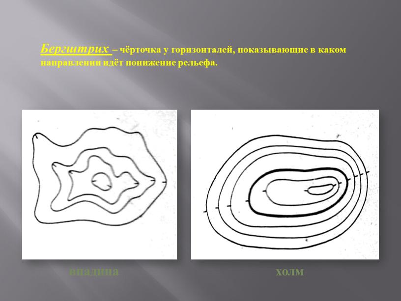 Бергштрих – чёрточка у горизонталей, показывающие в каком направлении идёт понижение рельефа