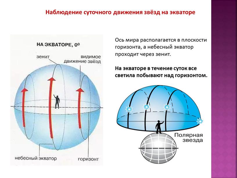 Ось мира располагается в плоскости горизонта, а небесный экватор проходит через зенит