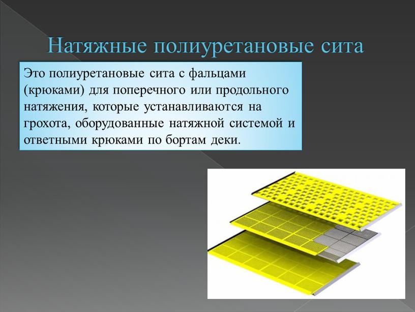 Натяжные полиуретановые сита Это полиуретановые сита с фальцами (крюками) для поперечного или продольного натяжения, которые устанавливаются на грохота, оборудованные натяжной системой и ответными крюками по…