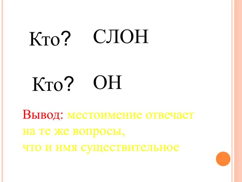 Кто? СЛОН Кто? ОН Вывод: местоимение отвечает на те же вопросы, что и имя существительное