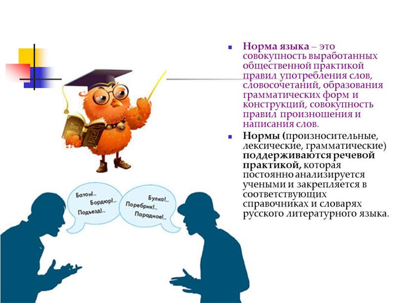 Норма языка – это совокупность выработанных общественной практикой правил употребления слов, словосочетаний, образования грамматических форм и конструкций, совокупность правил произношения и написания слов