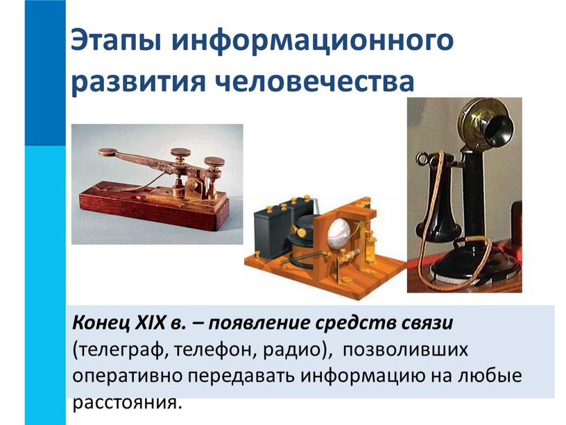 Конец XIX в. – появление средств связи (телеграф, телефон, радио), позволивших оперативно передавать информацию на любые расстояния