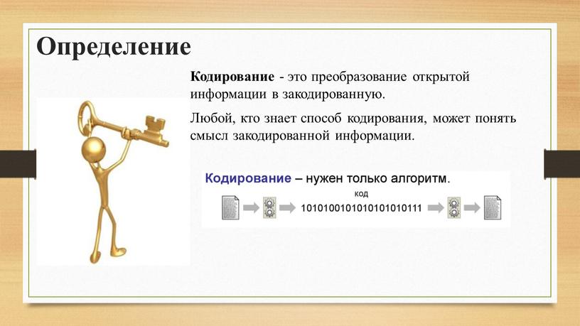 Определение Кодирование - это преобразование открытой информации в закодированную