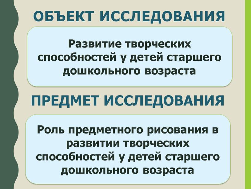 ОБЪЕКТ ИССЛЕДОВАНИЯ Развитие творческих способностей у детей старшего дошкольного возраста