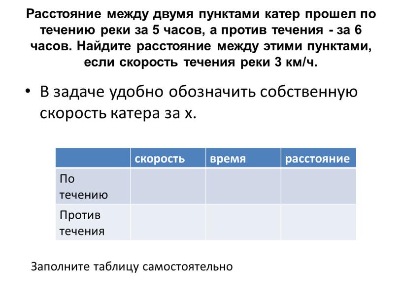 Расстояние между двумя пунктами катер прошел по течению реки за 5 часов, а против течения - за 6 часов