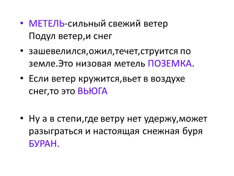 МЕТЕЛЬ-сильный свежий ветер Подул ветер,и снег зашевелился,ожил,течет,струится по земле