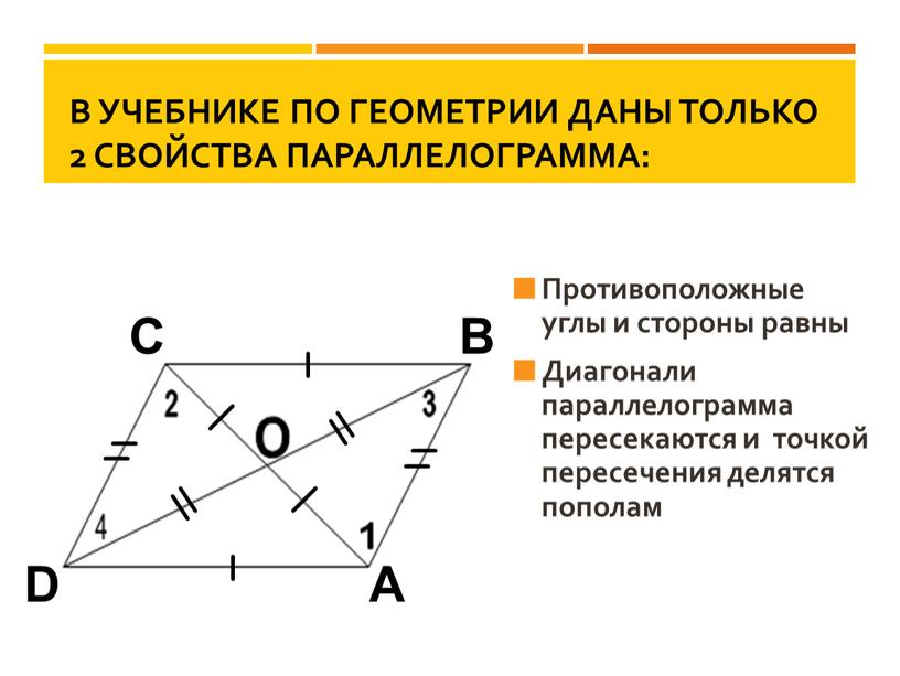 В учебнике по геометрии даны только 2 свойства параллелограмма: