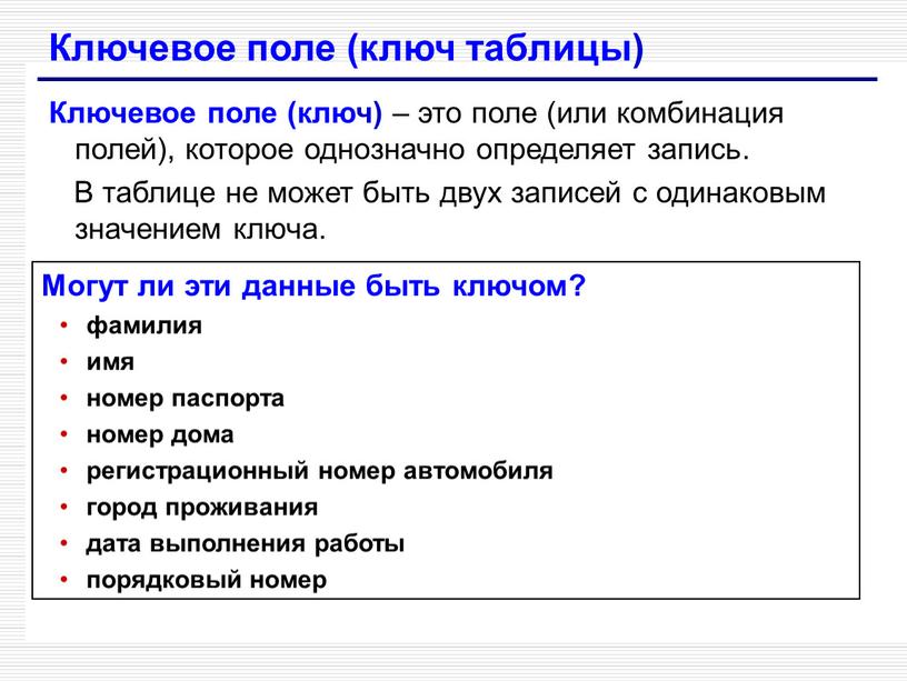 Ключевое поле (ключ таблицы) Ключевое поле (ключ) – это поле (или комбинация полей), которое однозначно определяет запись