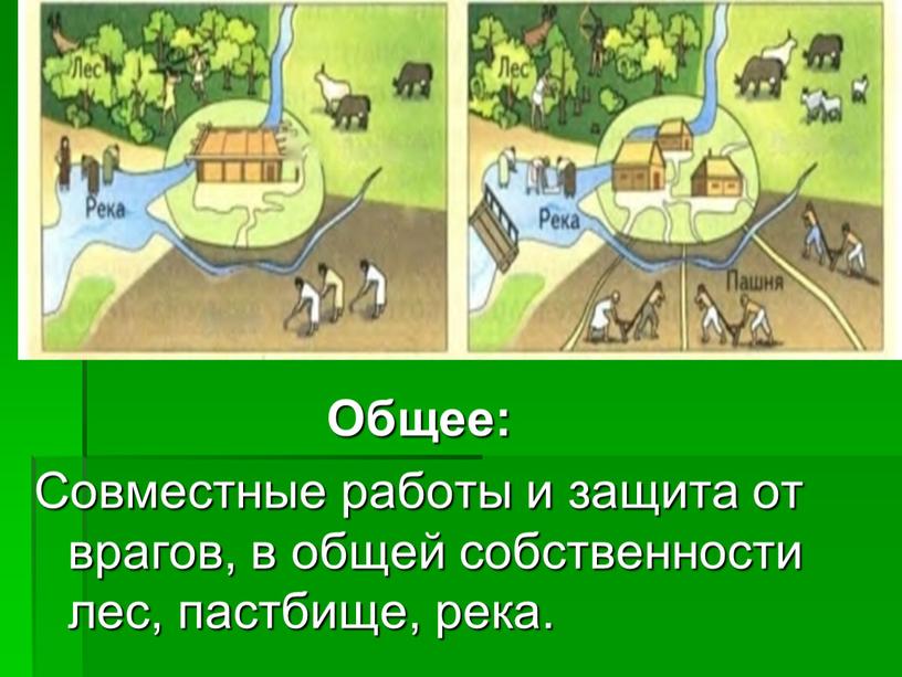 Общее: Совместные работы и защита от врагов, в общей собственности лес, пастбище, река