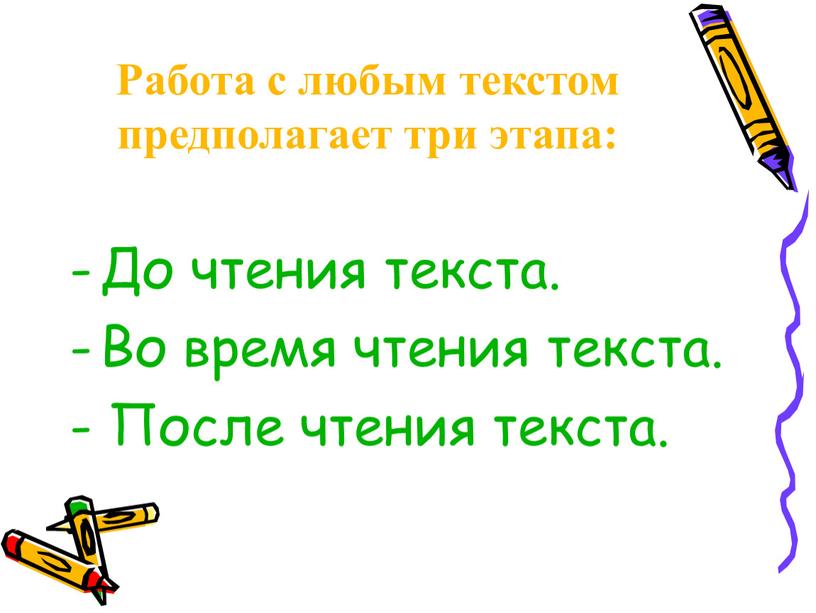 Работа с любым текстом предполагает три этапа: