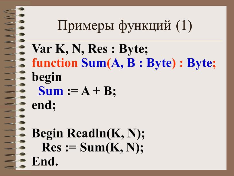 Примеры функций (1) Var K, N, Res :