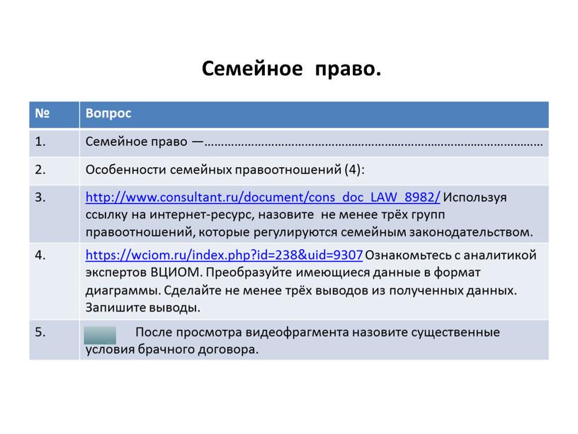 Семейное право. № Вопрос 1. Семейное право —………………………………………………………………………………………… 2