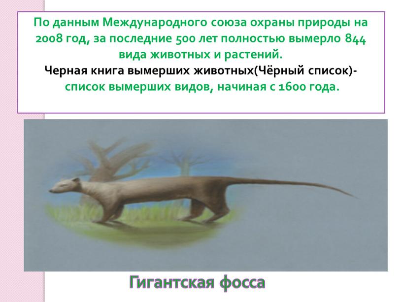 По данным Международного союза охраны природы на 2008 год, за последние 500 лет полностью вымерло 844 вида животных и растений