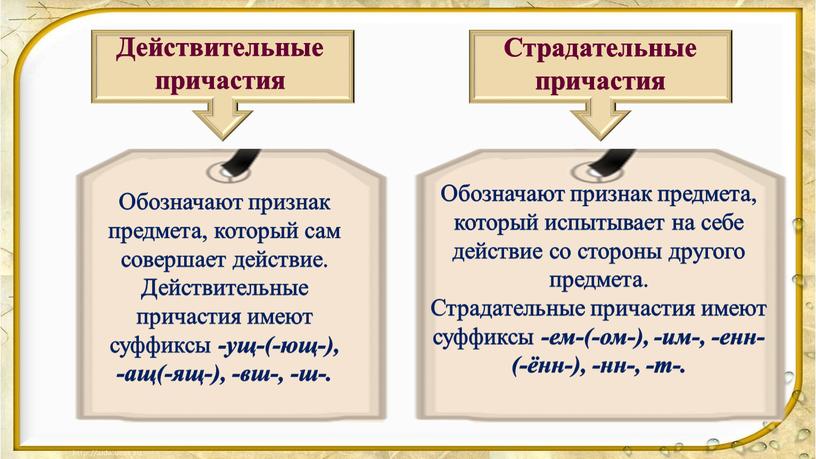 Страдательные причастия Обозначают признак предмета, который сам совершает действие