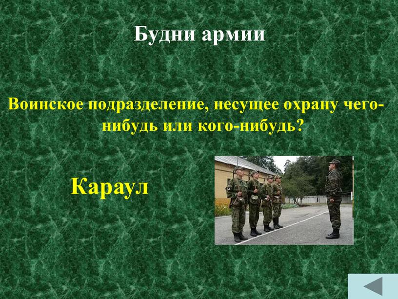 Будни армии Воинское подразделение, несущее охрану чего-нибудь или кого-нибудь?