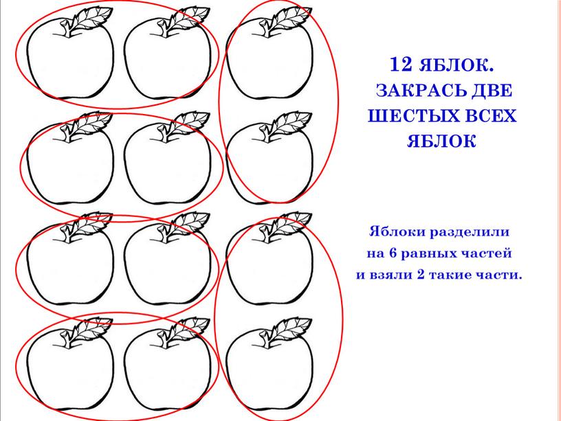 Яблоки разделили на 6 равных частей и взяли 2 такие части
