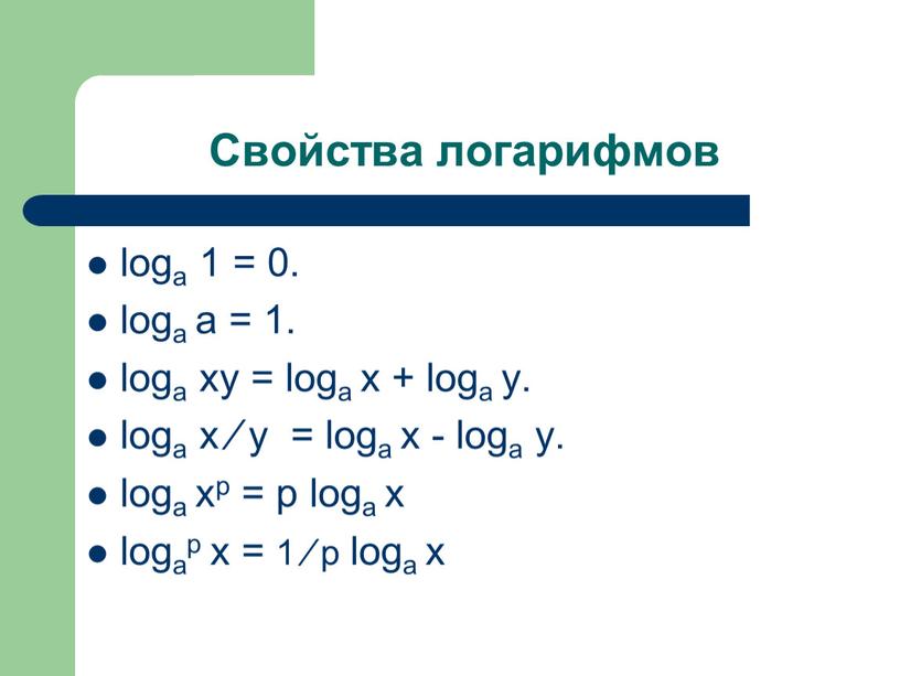 Свойства логарифмов loga 1 = 0