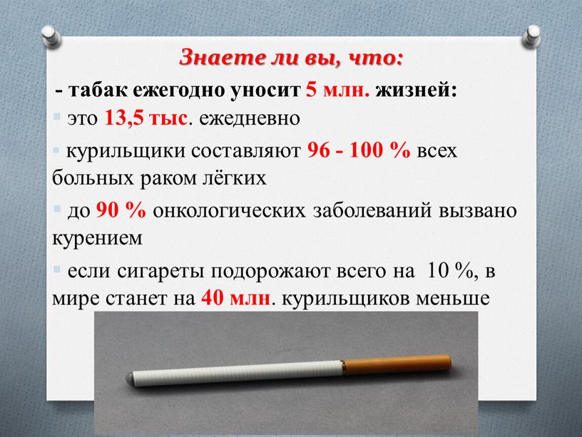 Знаете ли вы, что: - табак ежегодно уносит 5 млн