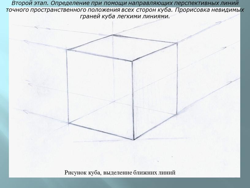 Второй этап. Определение при помощи направляющих перспективных линий точного пространственного положения всех сторон куба