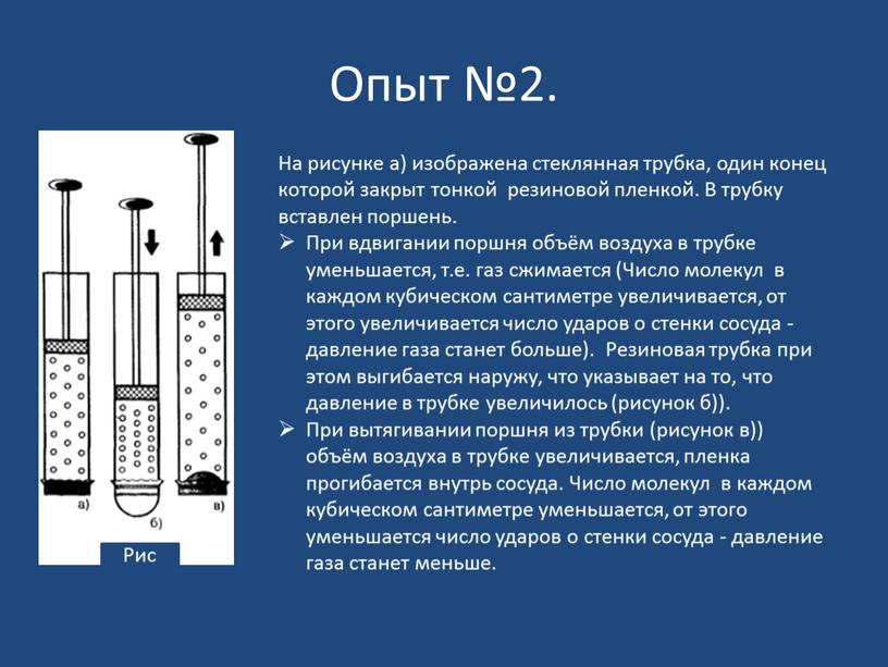 Опыт №2. Рис На рисунке а) изображена стеклянная трубка, один конец которой закрыт тонкой резиновой пленкой