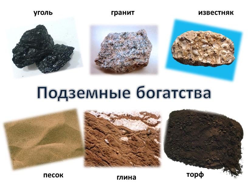 Подземные богатства торф песок глина уголь гранит известняк
