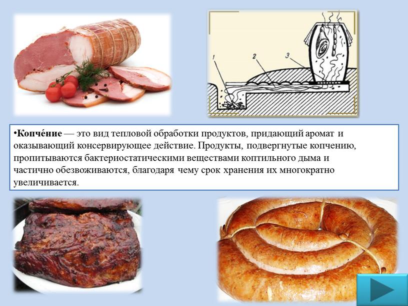 Копче́ние — это вид тепловой обработки продуктов, придающий аромат и оказывающий консервирующее действие