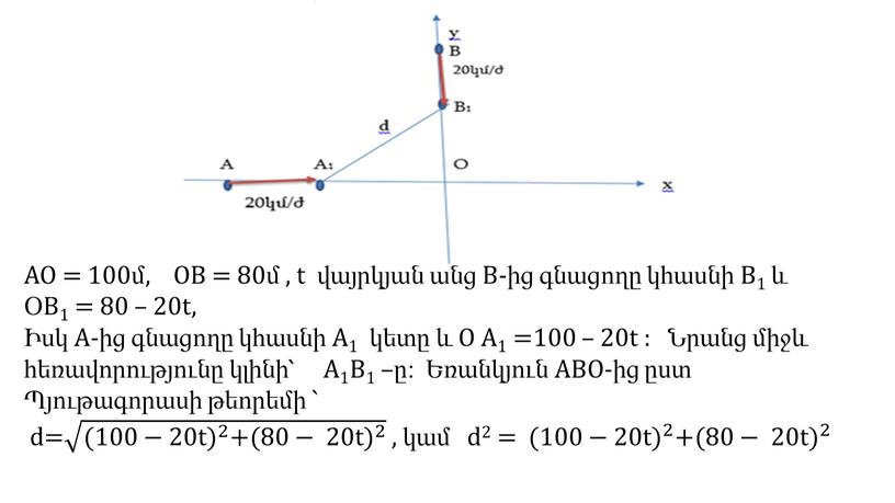 AO = 100մ, OB = 80մ , t վայրկյան անց