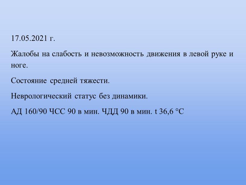 Жалобы на слабость и невозможность движения в левой руке и ноге