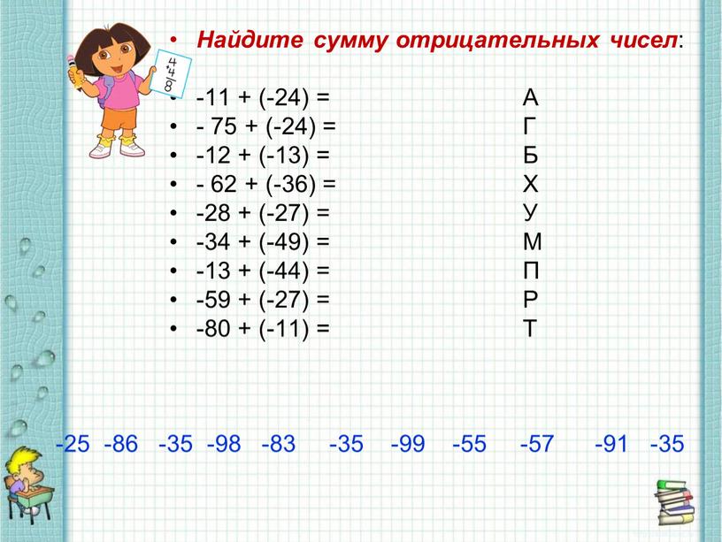 Найдите сумму отрицательных чисел : -11 + (-24) =