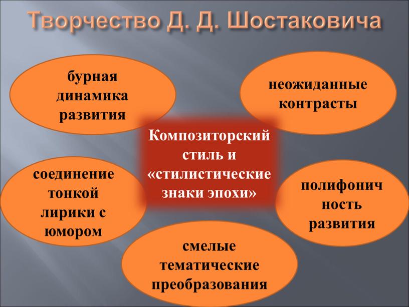 Творчество Д. Д. Шостаковича бурная динамика развития полифоничность развития соединение тонкой лирики с юмором неожиданные контрасты смелые тематические преобразования