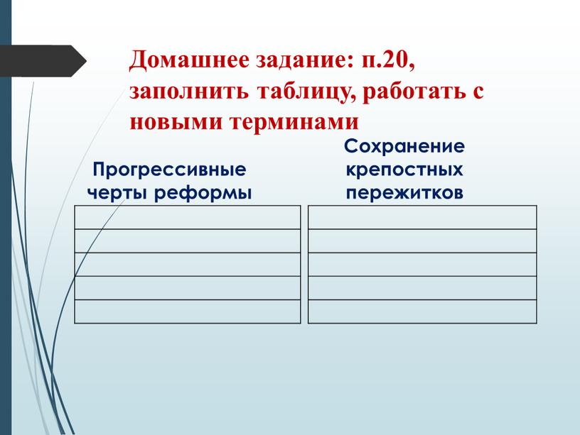 Домашнее задание: п.20, заполнить таблицу, работать с новыми терминами