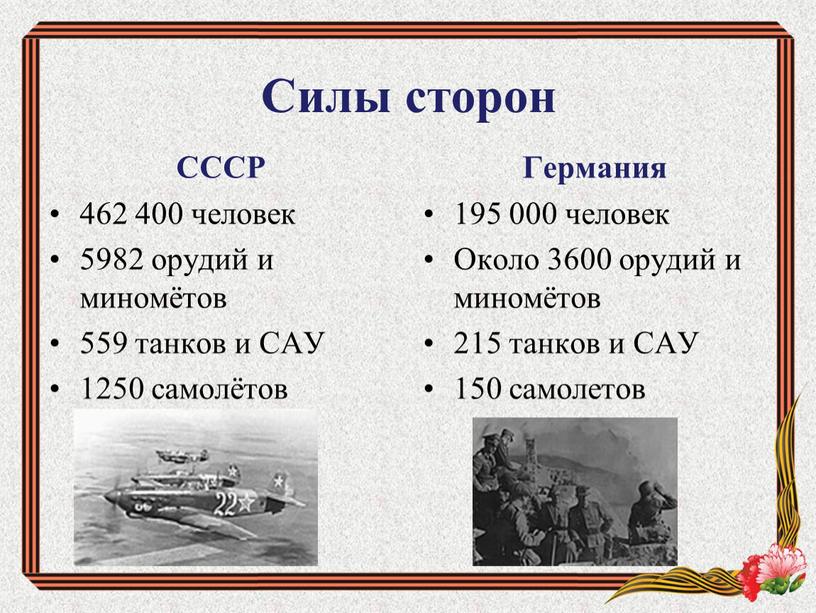 Силы сторон СССР 462 400 человек 5982 орудий и миномётов 559 танков и