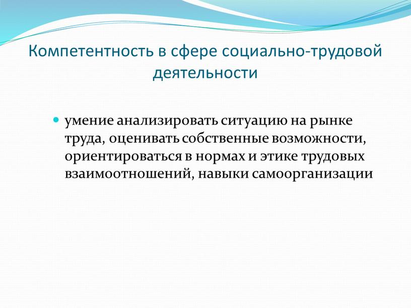 Компетентность в сфере социально-трудовой деятельности умение анализировать ситуацию на рынке труда, оценивать собственные возможности, ориентироваться в нормах и этике трудовых взаимоотношений, навыки самоорганизации