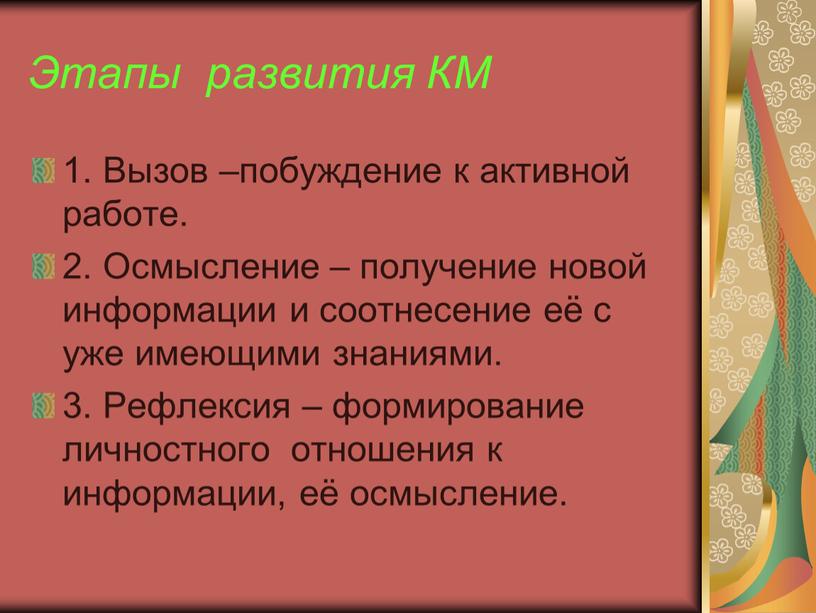 Этапы развития КМ 1. Вызов –побуждение к активной работе