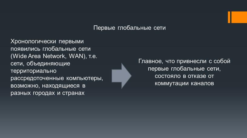 Первые глобальные сети Хронологически первыми появились глобальные сети (Wide