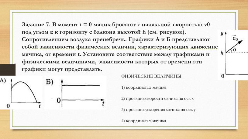 Задание 7. В момент t = 0 мячик бросают с начальной скоростью v0 под углом α к горизонту с балкона высотой h (см