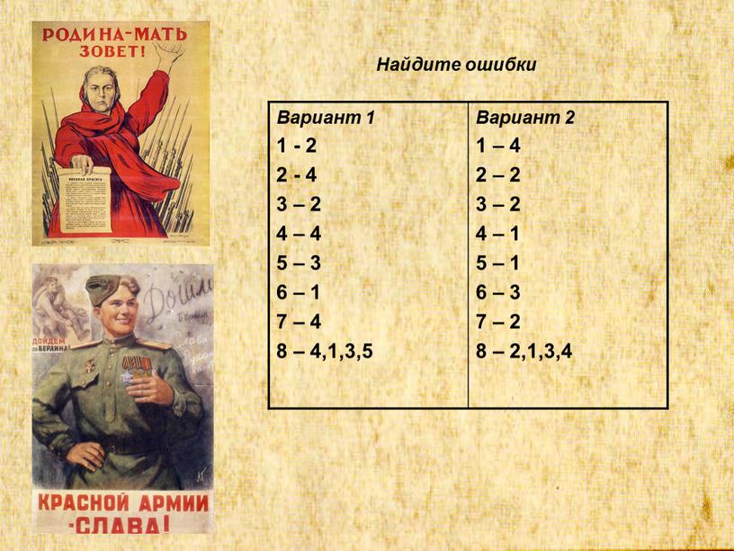 Найдите ошибки Вариант 1 1 - 2 2 - 4 3 – 2 4 – 4 5 – 3 6 – 1 7 – 4…