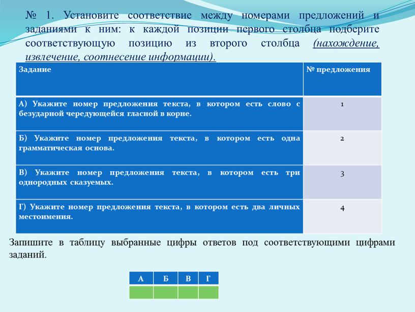 Установите соответствие между номерами предложений и заданиями к ним: к каждой позиции первого столбца подберите соответствующую позицию из второго столбца (нахождение, извлечение, соотнесение информации)
