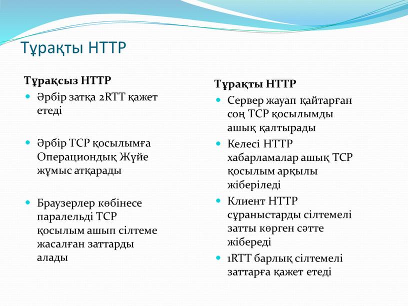 Тұрақты HTTP Тұрақсыз HTTP Әрбір затқа 2RTT қажет етеді Әрбір