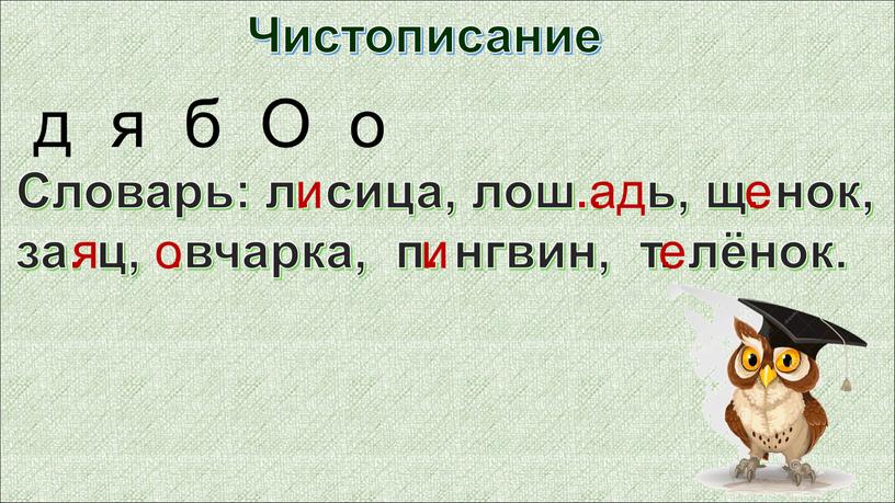 Чистописание д я б О о Словарь: л