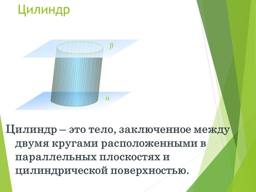 Цилиндр Цилиндр – это тело, заключенное между двумя кругами расположенными в параллельных плоскостях и цилиндрической поверхностью