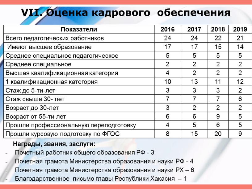 VII. Оценка кадрового обеспечения